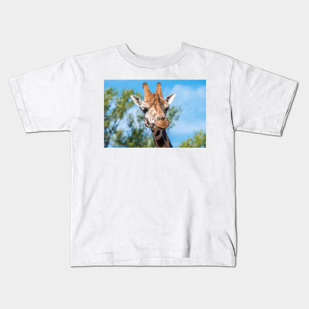 Close up photo of a Rothschild Giraffe head Kids T-Shirt by Russell102